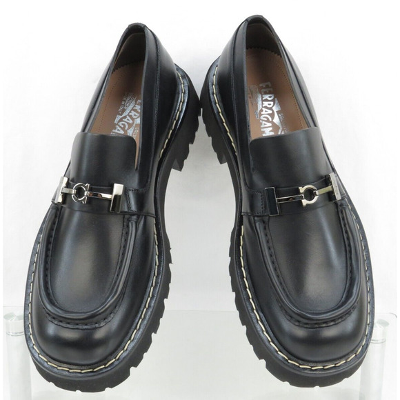 FERRAGAMO IGNAZIO BLACK LEATHER GANCIO BIT LOGO LUG PLATFORM LOAFERS 11.5 M - Picture 2 of 14